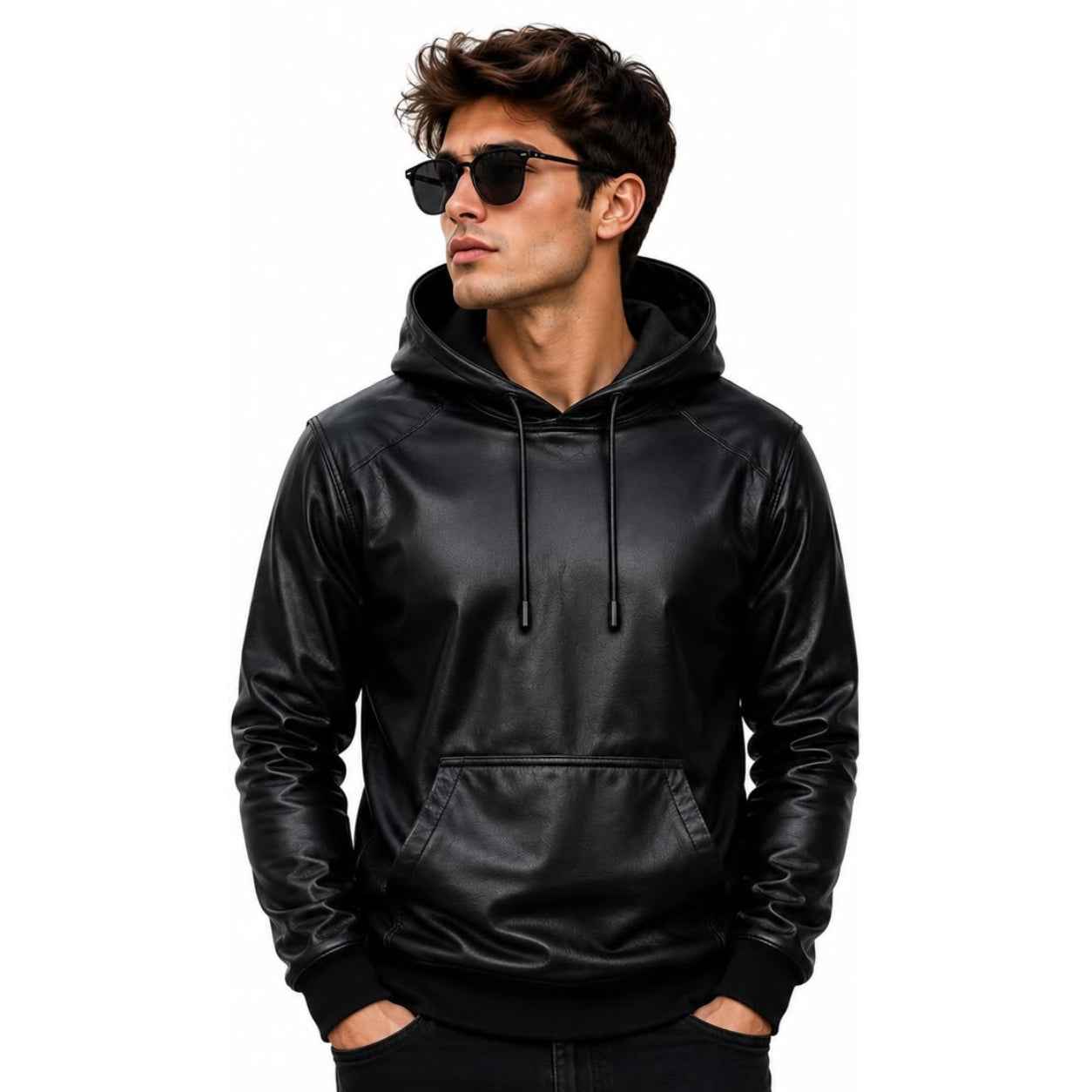 MEN'S BLACK LEATHER HOODIE