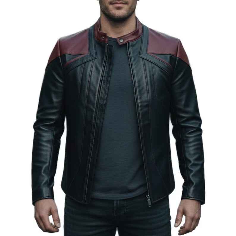 MEN'S BLACK & BURGUNDY STAND COLLAR LEATHER JACKET