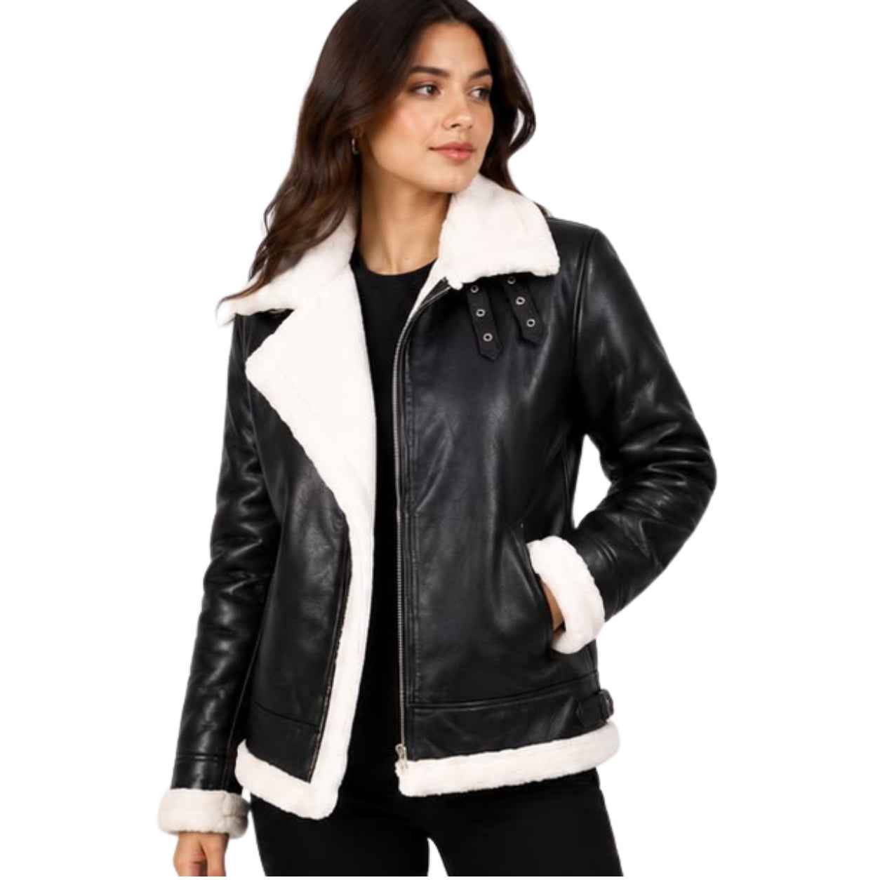 WOMEN'S BLACK LEATHER B3 SHEARLING BOMBER JACKET