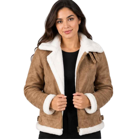 WOMEN'S TAN BROWN LEATHER B3 SHEARLING BOMBER JACKET