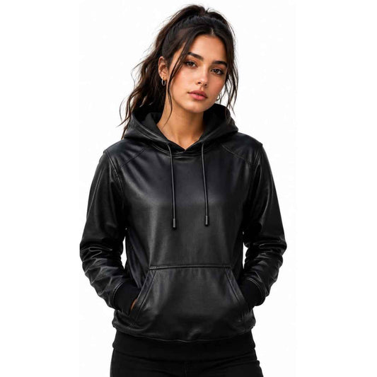 WOMEN'S BLACK LEATHER HOODIE