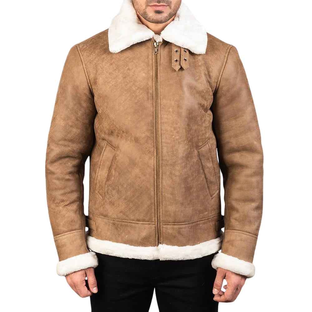 MEN'S TAN BROWN LEATHER B3 SHEARLING BOMBER JACKET