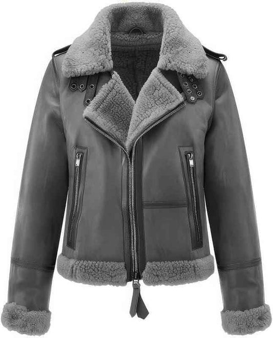 MEN'S GREY LEATHER SHEARLING BOMBER JACKET