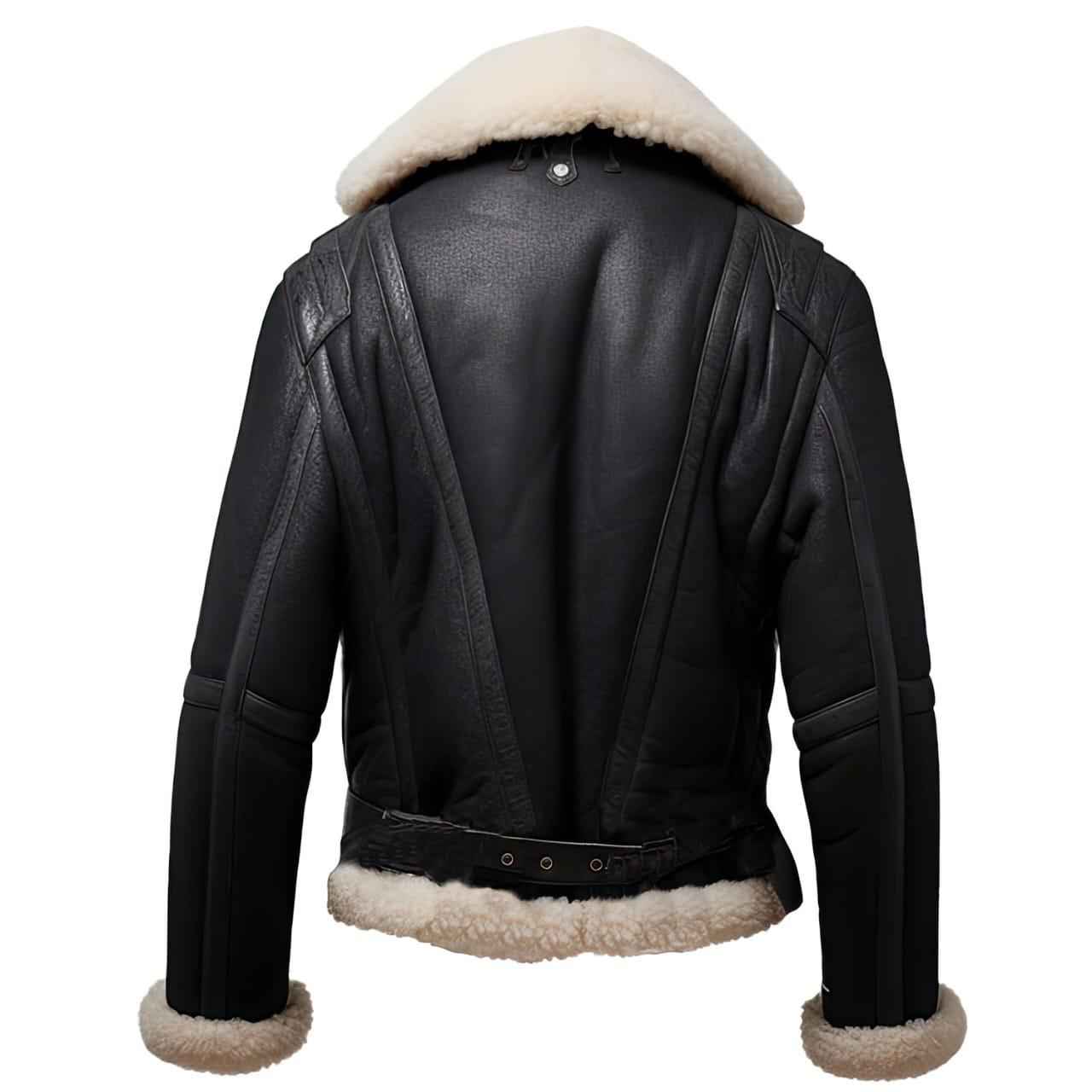 MEN'S BLACK LEATHER V-STRIPED SHEARLING BOMBER JACKET