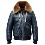 MEN'S NAVY BLUE LEATHER SHEARLING BOMBER JACKET