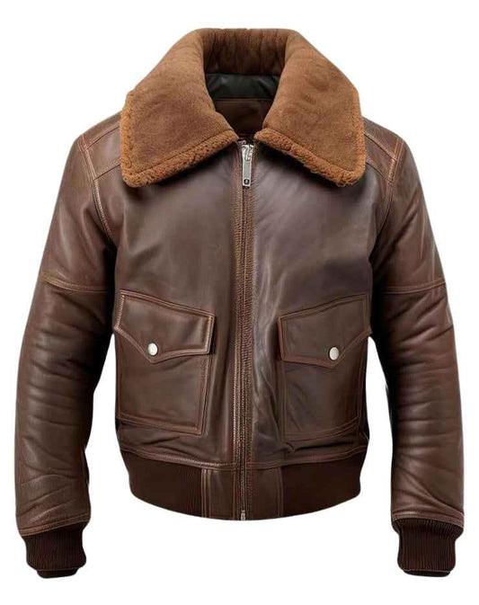 MEN'S BROWN LEATHER SHEARLING BOMBER JACKET