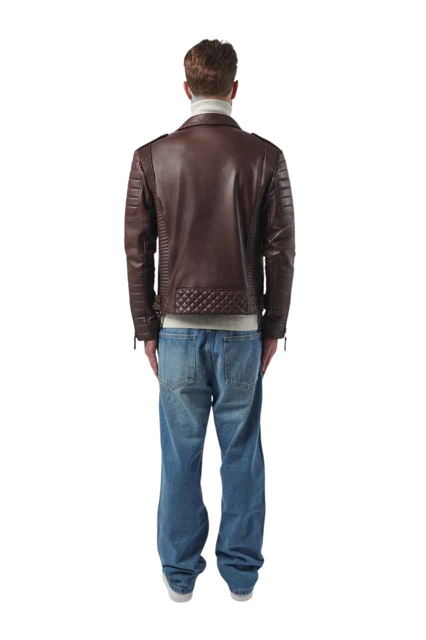 MEN'S BROWN QUILTED LEATHER BIKER JACKET