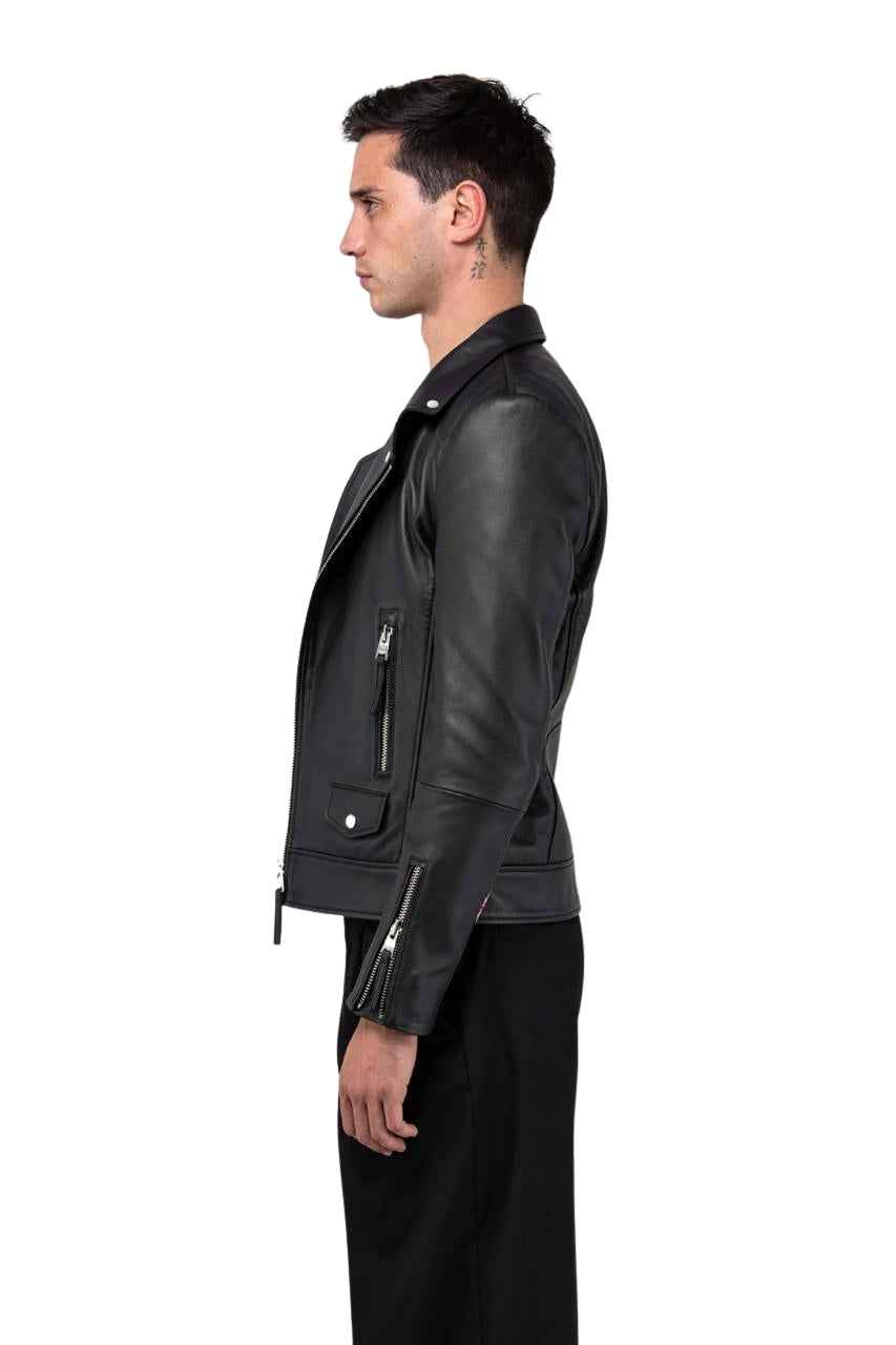 MEN'S REFINED BIKER OIL BLACK LEATHER JACKET