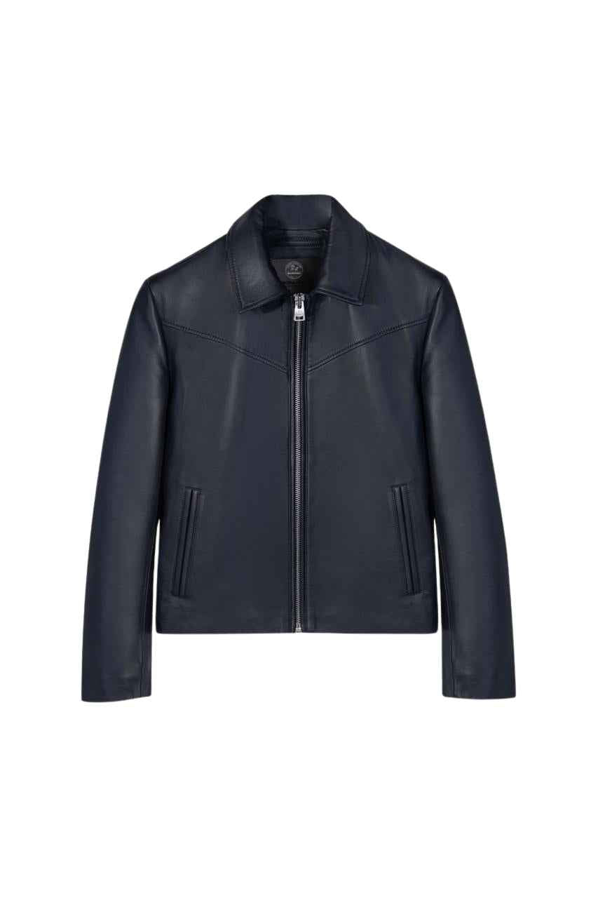 MEN'S NAVY BLUE LEATHER WESTERN YOKE JACKET