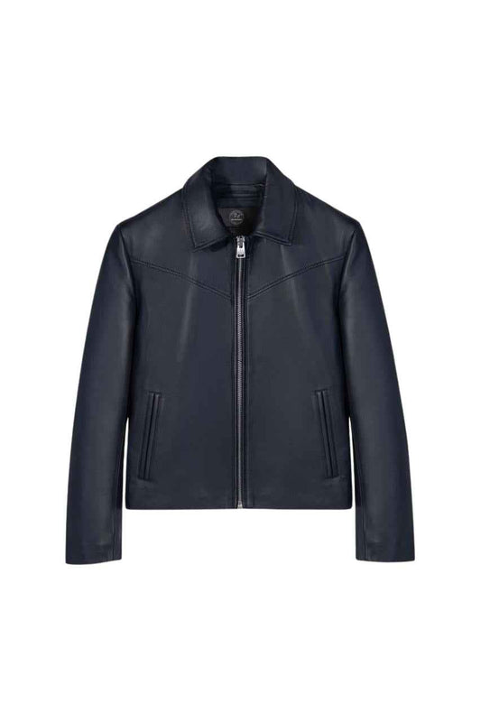MEN'S NAVY BLUE LEATHER WESTERN YOKE JACKET