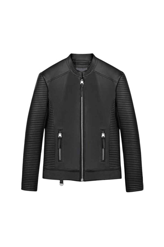 MEN'S REFINED BIKER COLLARLESS BLACK LEATHER JACKET