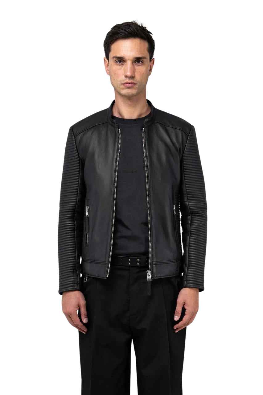 MEN'S REFINED BIKER COLLARLESS BLACK LEATHER JACKET