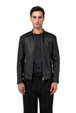 MEN'S REFINED BIKER COLLARLESS BLACK LEATHER JACKET