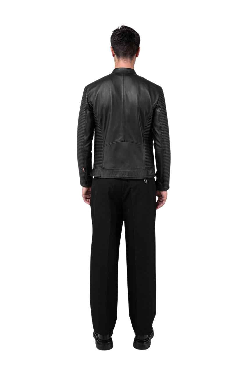 MEN'S REFINED BIKER COLLARLESS BLACK LEATHER JACKET