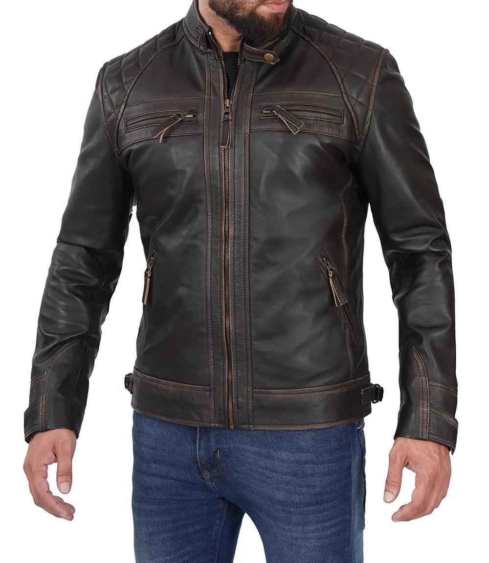 MEN'S DISTRESSED BROWN LEATHER RACER JACKET
