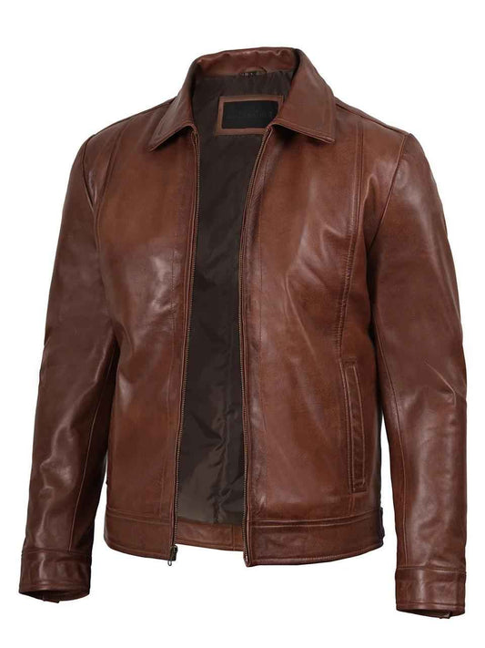 MEN'S BROWN LEATHER SHIRT COLLAR JACKET