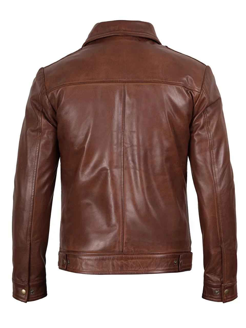 MEN'S BROWN LEATHER SHIRT COLLAR JACKET