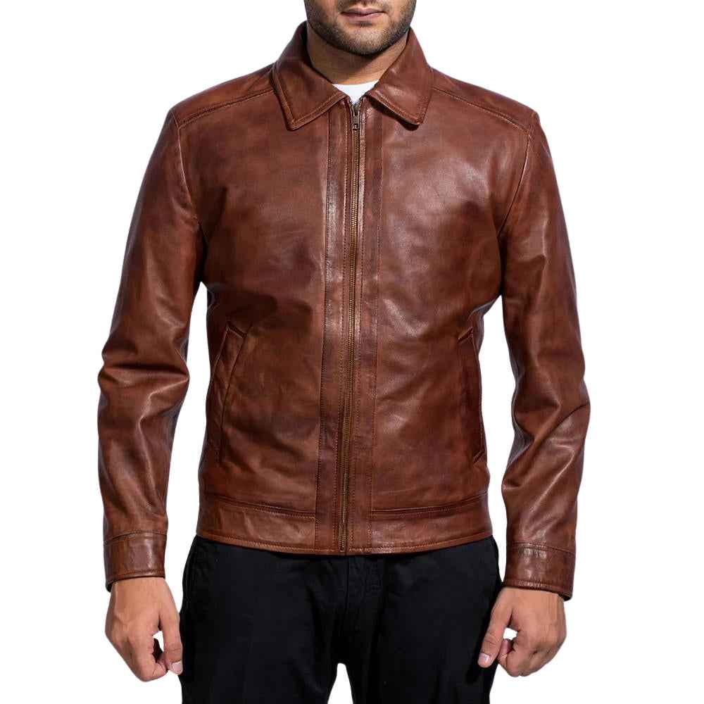 MEN'S BROWN LEATHER SHIRT COLLAR JACKET