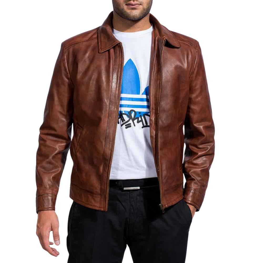 MEN'S BROWN LEATHER SHIRT COLLAR JACKET