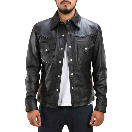 MEN'S BLACK LEATHER WESTERN SHIRT JACKET