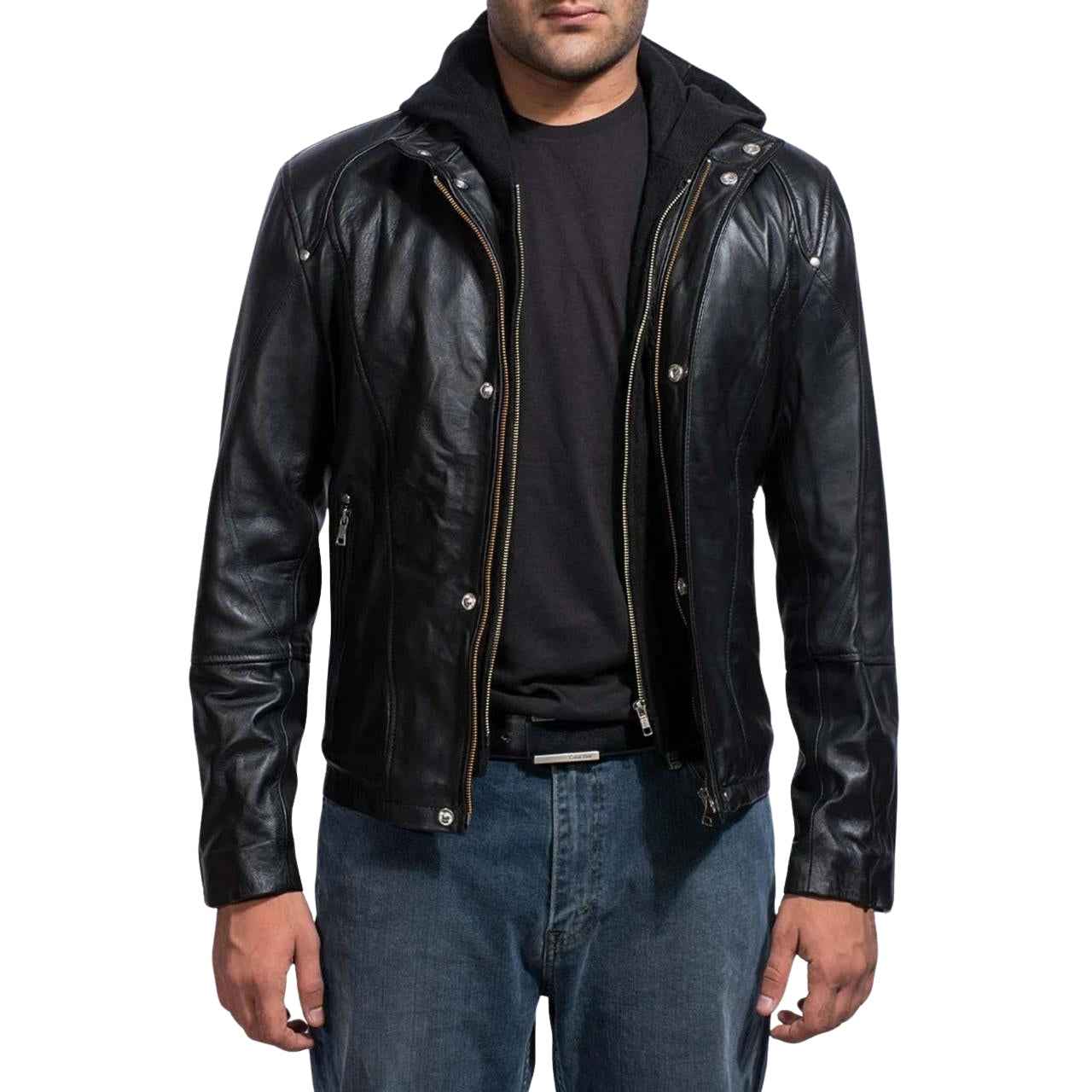 MEN'S BLACK HOODED LEATHER JACKET