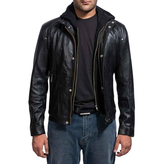 MEN'S BLACK HOODED LEATHER JACKET
