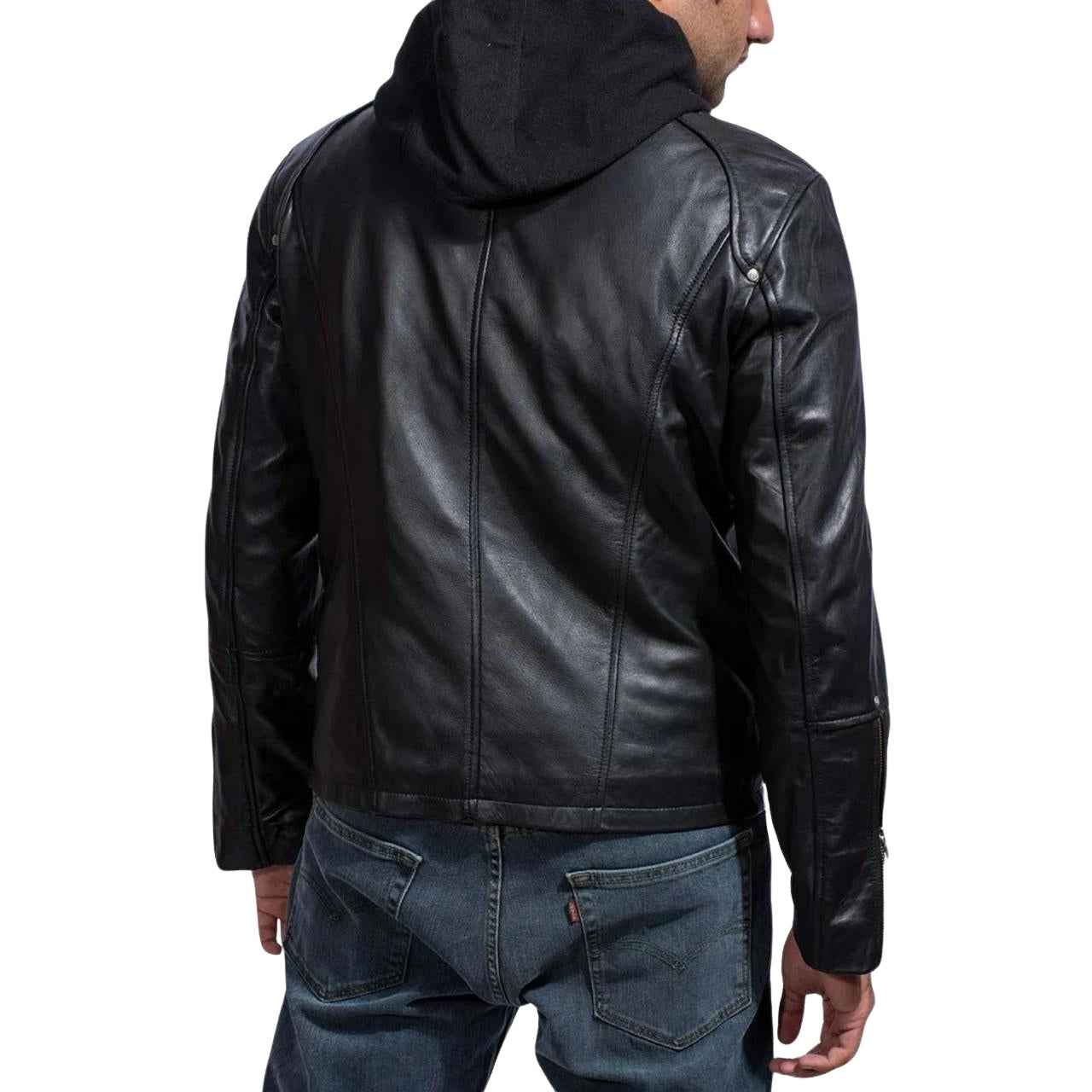 MEN'S BLACK HOODED LEATHER JACKET