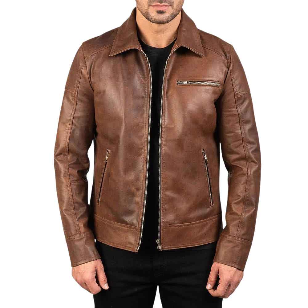 MEN'S BROWN LEATHER SHIRT COLLAR JACKET