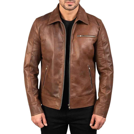 MEN'S BROWN LEATHER SHIRT COLLAR JACKET