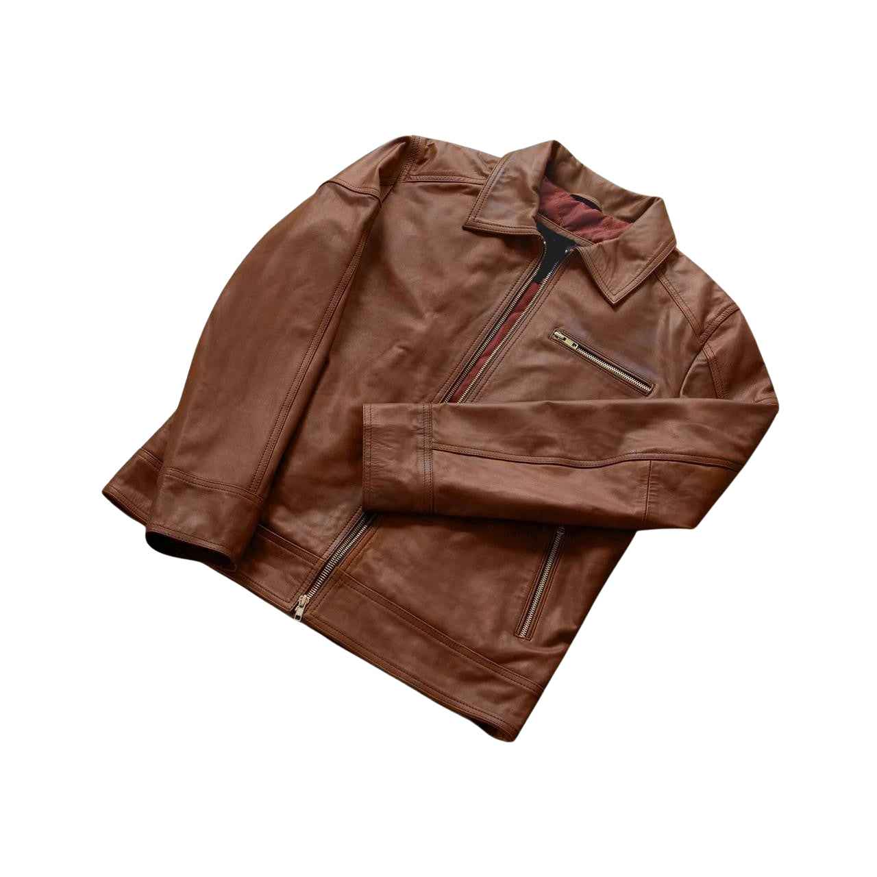 MEN'S BROWN LEATHER SHIRT COLLAR JACKET