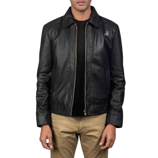 MEN'S CLASSIC BLACK LEATHER COLLARED JACKET