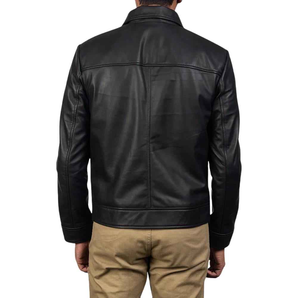 MEN'S CLASSIC BLACK LEATHER COLLARED JACKET