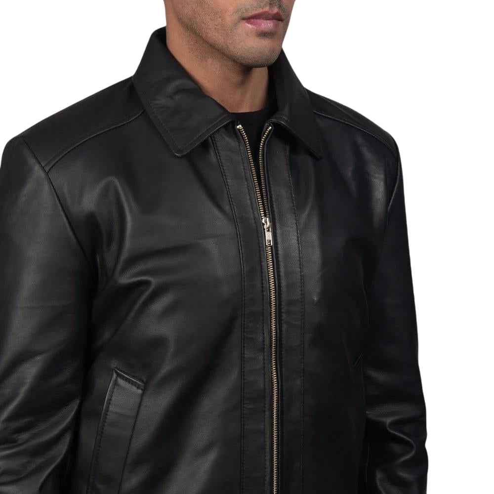 MEN'S CLASSIC BLACK LEATHER COLLARED JACKET
