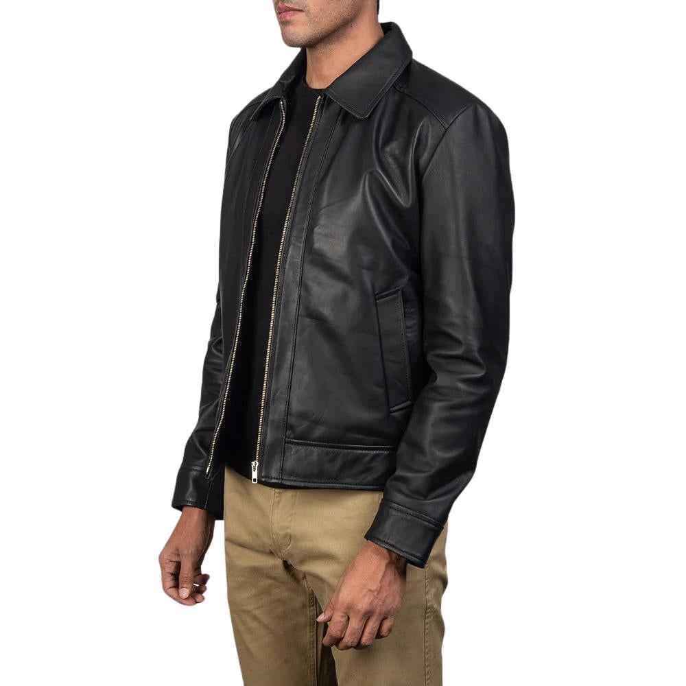 MEN'S CLASSIC BLACK LEATHER COLLARED JACKET