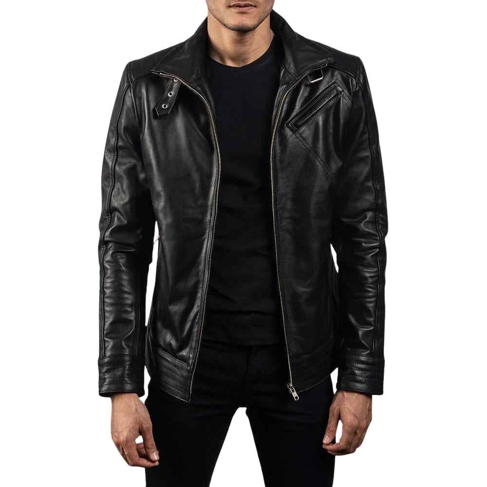 MEN'S BLACK LEATHER CAFE RACER BIKER JACKET