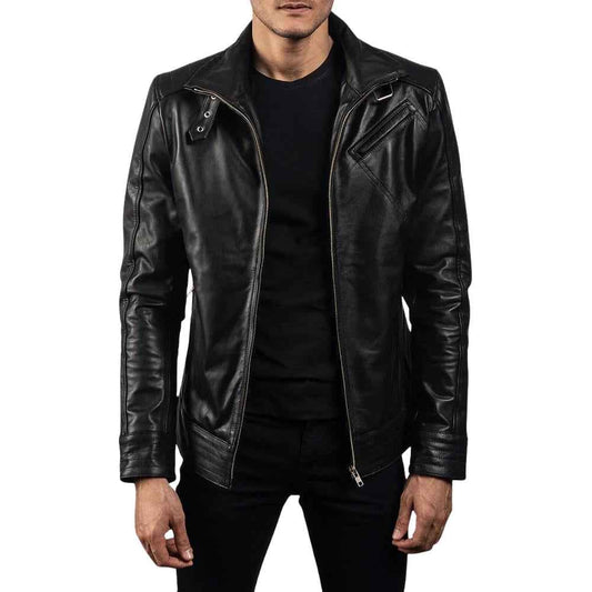 MEN'S BLACK LEATHER CAFE RACER BIKER JACKET