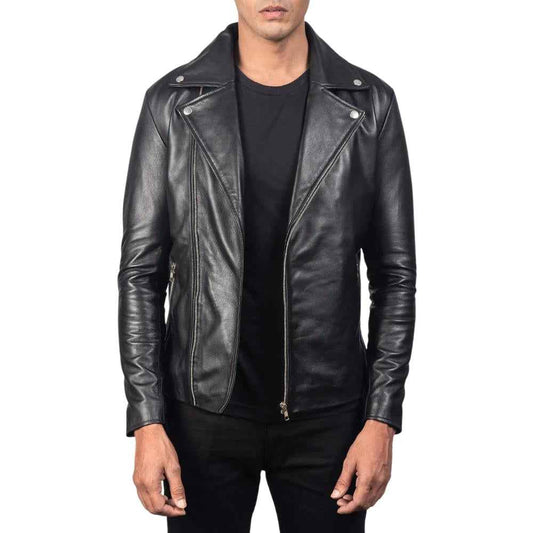 MEN'S ASYMMETRICAL BLACK LEATHER JACKET