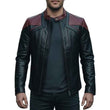 MEN'S BLACK & BURGUNDY STAND COLLAR LEATHER JACKET