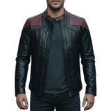MEN'S BLACK & BURGUNDY STAND COLLAR LEATHER JACKET