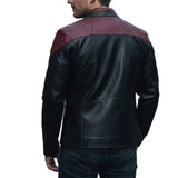 MEN'S BLACK & BURGUNDY STAND COLLAR LEATHER JACKET
