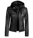 MEN'S BLACK LEATHER BIKER STYLE JACKET WITH HOODED