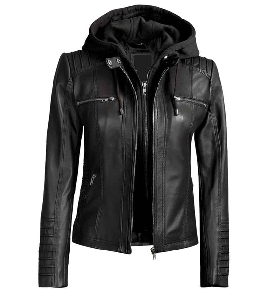 MEN'S BLACK LEATHER BIKER STYLE JACKET WITH HOODED