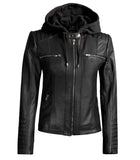 MEN'S BLACK LEATHER BIKER STYLE JACKET WITH HOODED