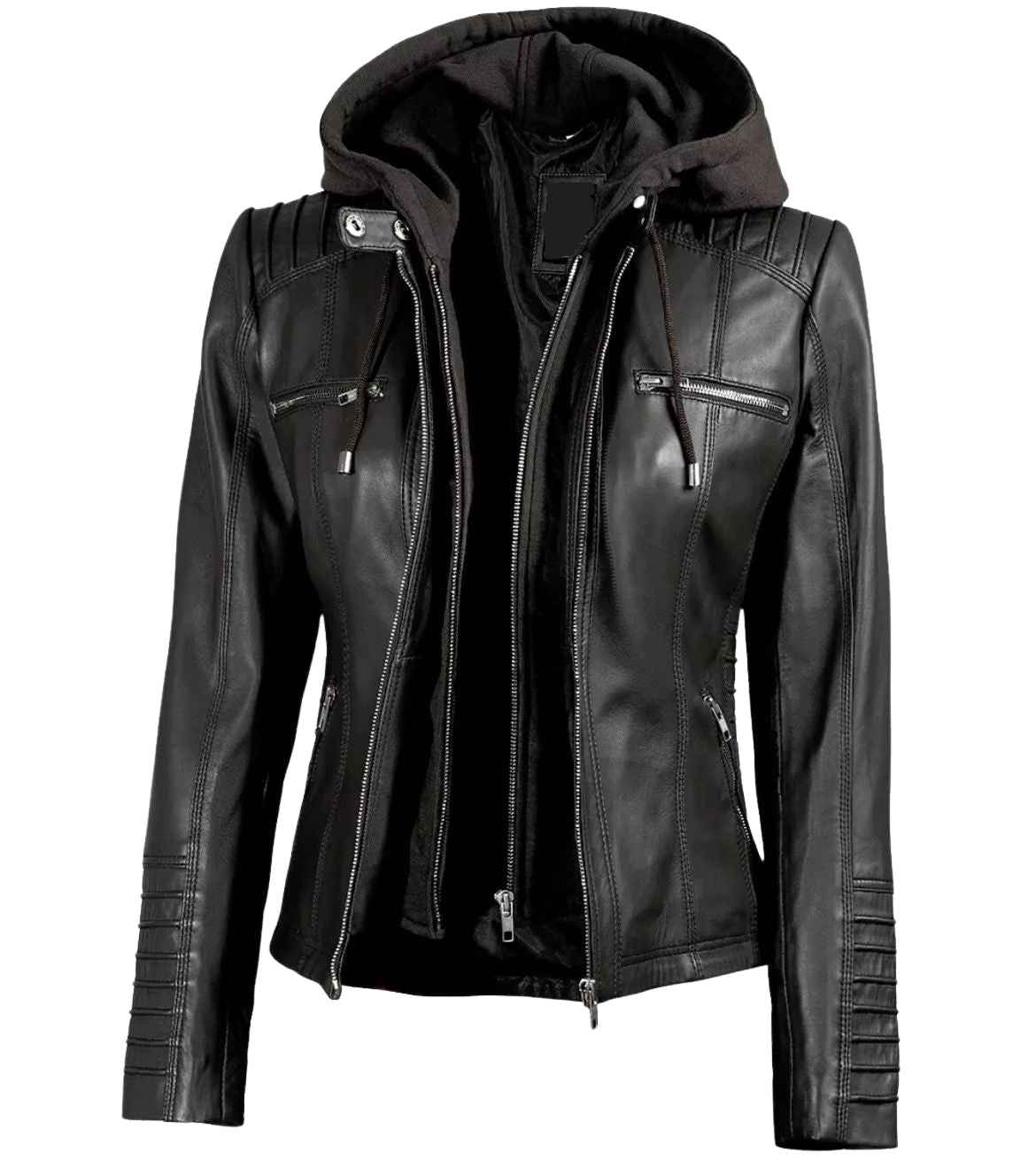 MEN'S BLACK LEATHER BIKER STYLE JACKET WITH HOODED
