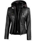 MEN'S BLACK LEATHER BIKER STYLE JACKET WITH HOODED
