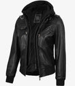 MEN'S BLACK LEATHER BIKER STYLE JACKET WITH HOODED