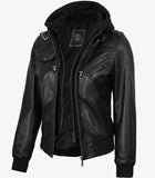 MEN'S BLACK LEATHER BIKER STYLE JACKET WITH HOODED