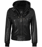 MEN'S BLACK LEATHER BIKER STYLE JACKET WITH HOODED