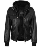MEN'S BLACK LEATHER BIKER STYLE JACKET WITH HOODED
