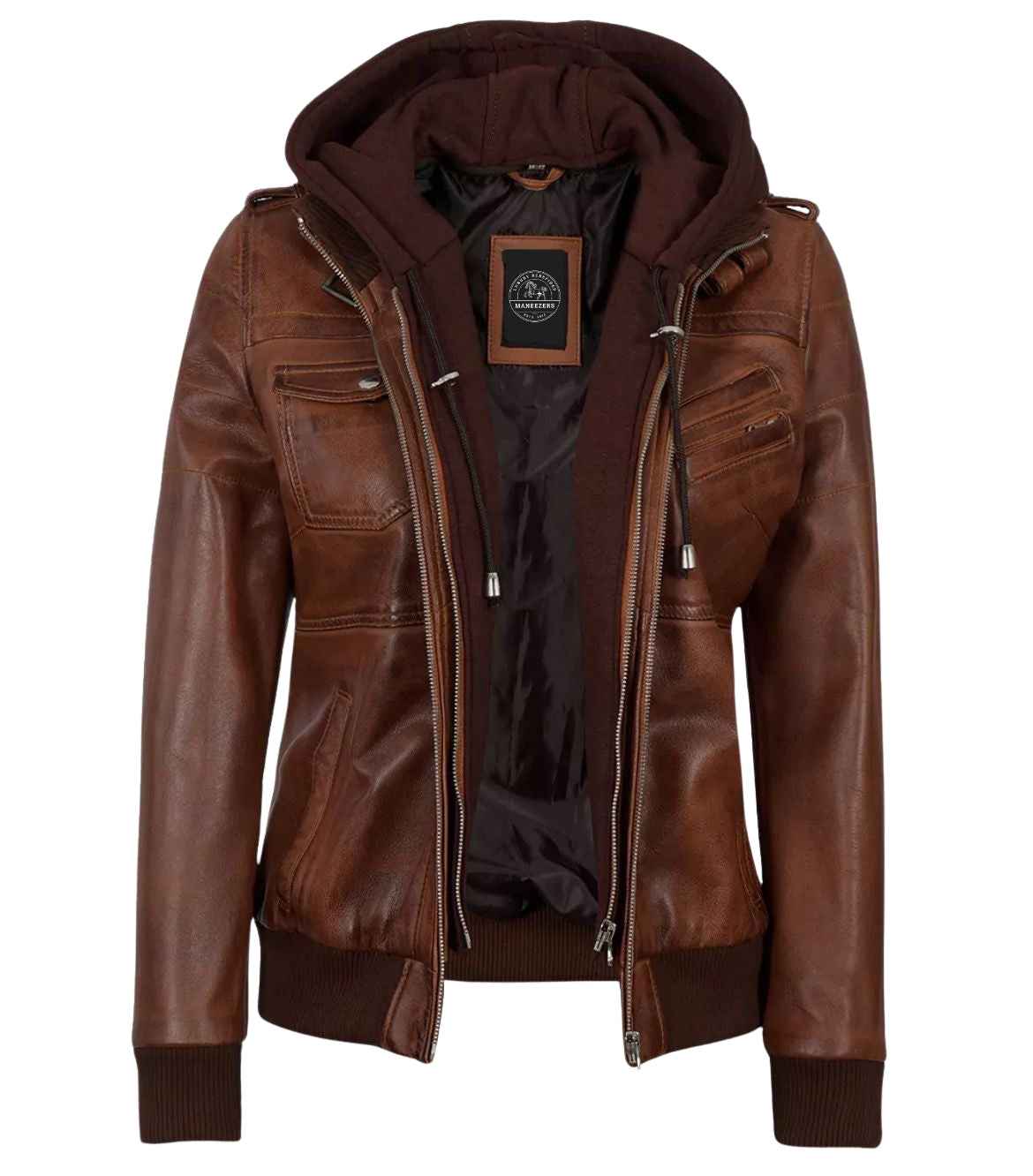 MEN'S BROWN LEATHER BIKER STYLE JACKET WITH HOODED